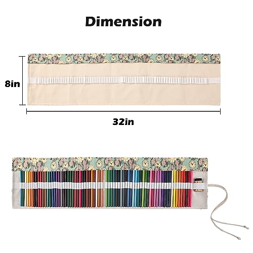 Image of Surblue Canvas Pencil Case Pencil Roll Wrap with 72 Slots Coloring Pencil Holder Organizer Paint Brush Storage Pouch Portable for Artist, Writer(Green Clock