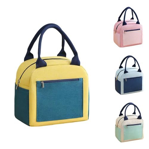 Lunch Bag with Two-Tone Front Pocket Insulated Reusable Thermal Tote for Office, Travel - Leakproof Oxford Fabric Design (Yellow Green)