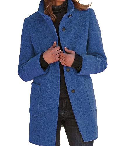 xxxiticat Damen Mantel aus Wollmischung Einreihig Warmer Stehkragen Lange Blazerjacken Trenchcoat mit Taschen S-3XL (BE-L)