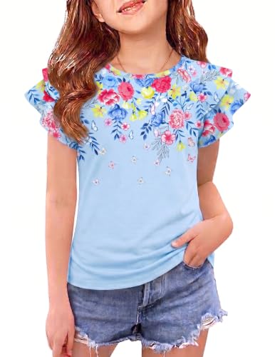 Image of Girls T Shirts Ruffle Short Sleeve Round Neck Loose Blouse Summer Solid Color Casual Girl Tee Tops for 3-12 Years