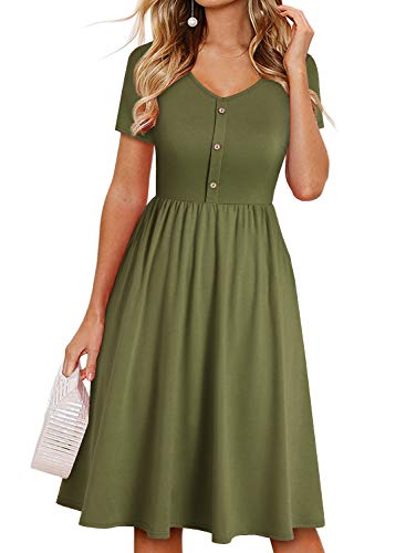 YATHON Summer Dresses for Women Short Sleeve V Neck Button Down A-Line Casual Dresses with Pockets (XL, 1-yt097-army Green)