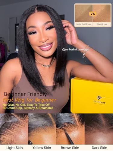 Image of Sunber Bye Bye Knots Yaki Straight Bob Human Hair Wigs Pre Cut 7x5 HD Lace Front Glueless Wig with Elastic Drawstring Put and Go Pre Plucked Bleached Invisible Knots Pre Everything Yaki Bob 14Inch