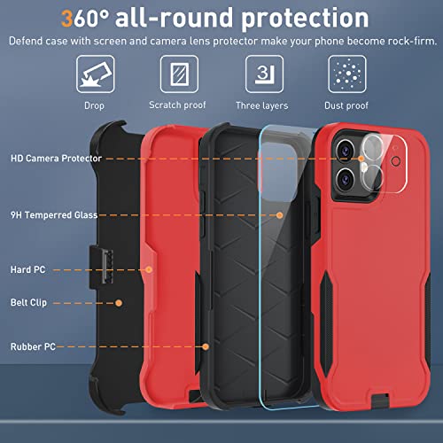 Xmon Case For Iphone 12 And 12 Pro, Heavy Duty Rugged Case Belt Clip Holster Kickstand Protective Cover [Shockproof] Compatible With Apple Iphone 12 And Iphone 12 Pro (Red) #TOP1