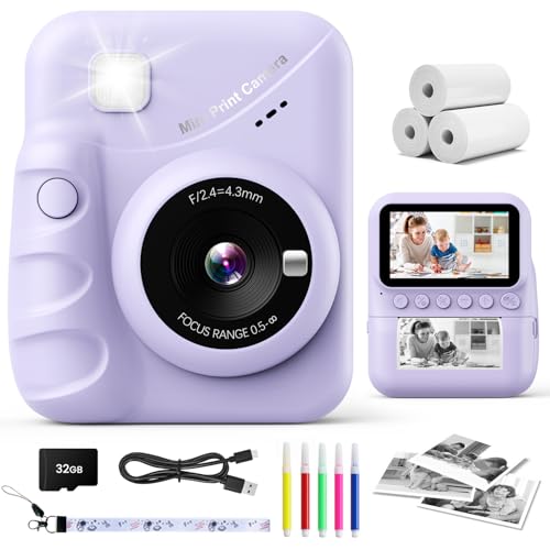 Kids Camera Instant Print, 3.0'' Screen 48MP Photo Instant Camera for Kids with 32GB Card, 1080P HD Digital Child Printable Camera, Gift for 3-12 Year Old Girls Boys (Purple)