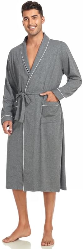 CF Men Cotton Robe Lightweight Knit Kimono Bathrobe Short & Long Sleeve Sleepwear Soft Knee Length Robe with Pockets M-2XL - Image 5