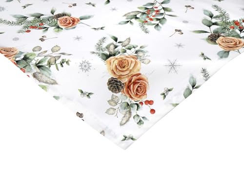 beties - Magie des Winters Collection - XS-Mitteldecke, Tischdecke Frost-Rose orange 60x60 cm; gefrostete Rosen, Tannenzapfen und Schneekristalle aus 100prozent Baumwolle – warm, elegant und winterlich