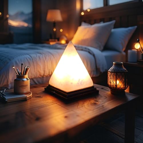 Image of NB Himalayan Pink Salt Pyramid Lamp - Hand-Carved Crystal Rock Salt Lamp with Dimmer Switch & 2 Bulbs - Natural Wellness Light from Pakistan - Amber Glow for Home, Office & Meditation Space