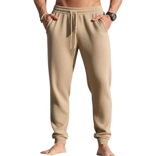 Men's Elastic Bottom Waffle Sweatpants Relaxed Fit Tapered Athletic Jogger Pants with Pockets, M-3XL