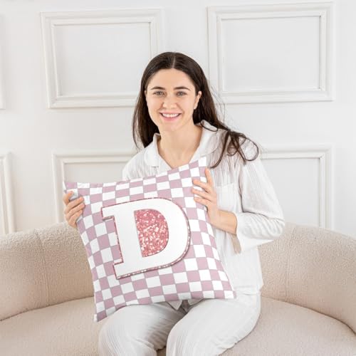 Image of Erosebridal Pink Initial D Throw Pillow Covers 18x18 Set of 2 Kawaii Plaid Checkered Pillow Covers Cute Personalized Monogram Cushion Cover Fashion Grids Gingham Pillow Cases for Couch Sofa