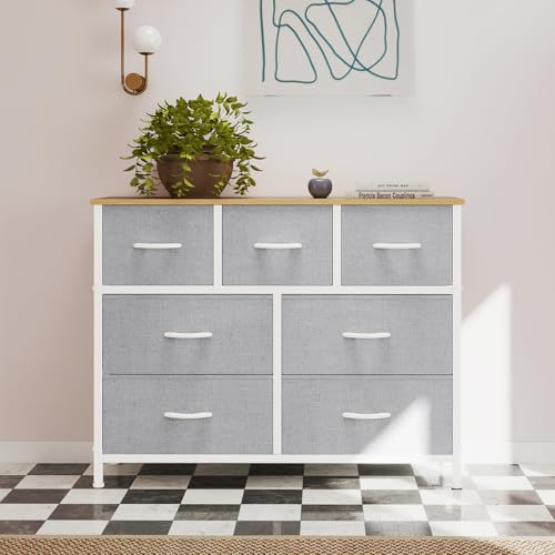 Image of OLIXIS 7 Drawer Closet Organizer Chest, Fabric Storage Tower with Sturdy Steel Frame, Wooden Top & Easy Pull Fabric Bins, Dresser for Bedroom Living Room Entryway Clothes Organization, Light Gray