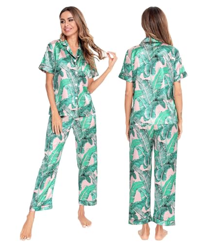 Image of SWOMOG Women Satin Pajamas Set Short Sleeve Top & Pants Sleepwear Silky Button Down Nightwear 2pcs Loungewear Pjs Set Pink Leaves Medium