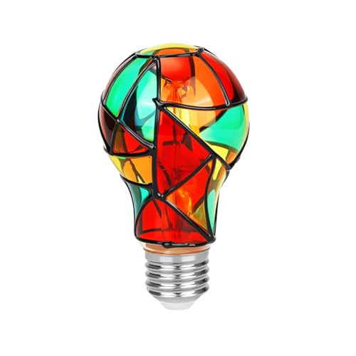 Jedluxrra A19/A60 Stained Glass LED Light Bulb 4 Watts Equivalent to 35 Watt Incandescent E26 Base Colored Colorful Multicolor Lightbulb for Christmas Xmas Unique Home Party Decoration Dimmable-1Pack