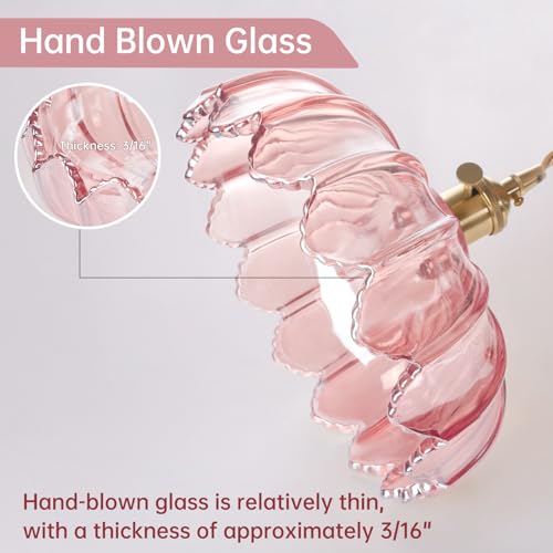 Image of Shenmoyl Plug in Pendant Light Hanging Light Fixtures with Plugin Cord On /Off Switch,Pink Scindapsus Glass Lampshade Brass Pendant Light