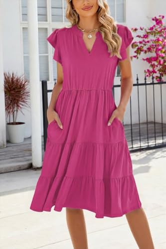 Image of Womens Summer Dress Ruffle Sleeve V Neck Midi Dresses Casual Fit Flowy Tiered Boho Beach Vacation Sundress