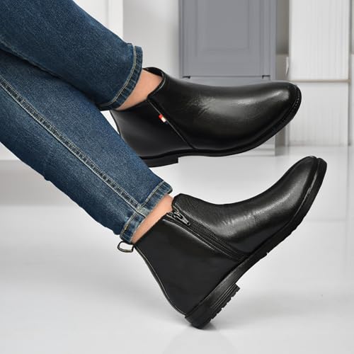 Image of Chelsea Boots for Men | Black Leather Ankle Length Formal Shoes | Side Zip Closure | Durable Casual Office Footwear