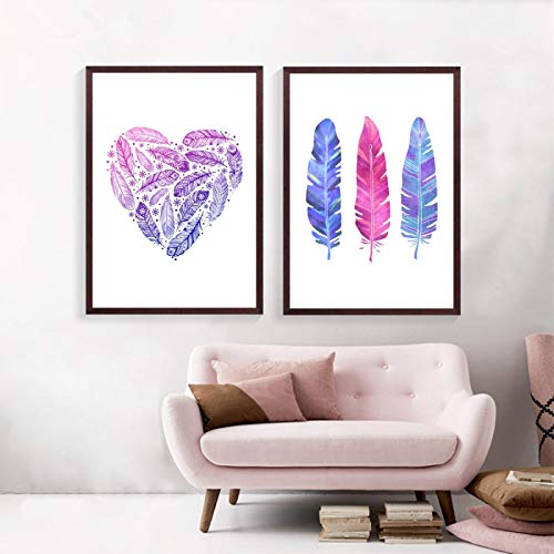 Toile peinture mur art oiseau et plumes style aquarelle ethnique pour cadre 40x60 cm