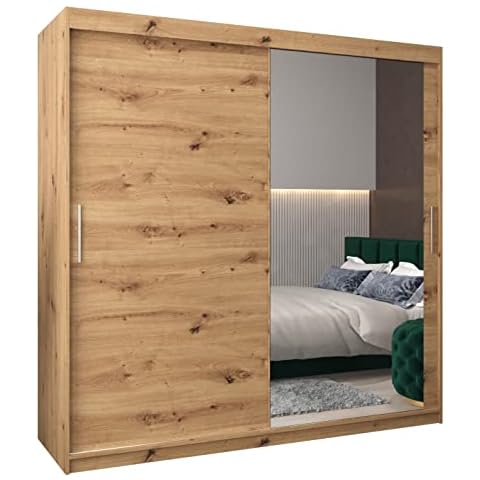 Kryspol Schwebetürenschrank Tokyo 2-200 cm mit Spiegel Kleiderschrank mit Kleiderstange und Einlegeboden Schlafzimmer- Wohnzimmerschrank Schiebetüren Modern Design Cover