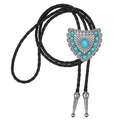 Image of AZORA Western Cowboy Bolo Tie Men Leather Necktie Leather Cord Turquoise Stone Bolo Ties for Men Women