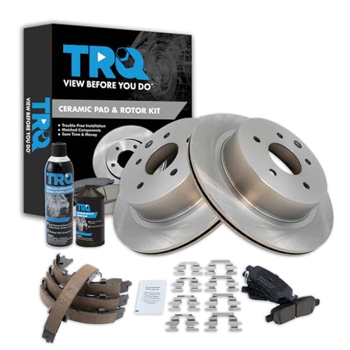 Image of TRQ Rear Brake Pad & Rotor Kit, with Chemical Kit Parking Brake Shoe Set Ceramic Compatible with 2003-2005 Infiniti G35 Nissan 350Z