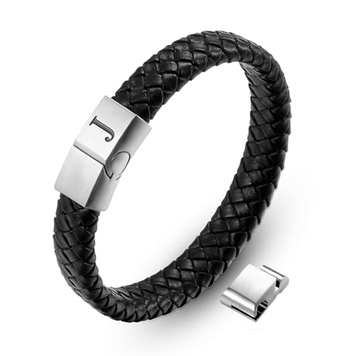 AFSTALR Bracelet Cuir Homme Noir avec Lettres Initiales Gravées J Gourmette Homme Personnalisable Bracelet Bijoux Fete des Peres pour Père Mari Papa