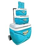 Pinnacle Cooler with Wheels – Practical Set of 30L Cooler with Wheels and Handle – Includes Smaller 11L and 4.5L Camping Coolers and 2 Ice Bricks – Cup Holder and Sitting Lid – Extended Cooling Time