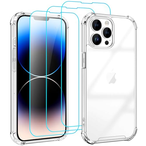 Whioltl Funda para iPhone 14 Pro Max con 3 protectores de pantalla de vidrio templado, funda transparente para teléfono, antiarañazos y absorción de golpes, funda básica transparente compatible con