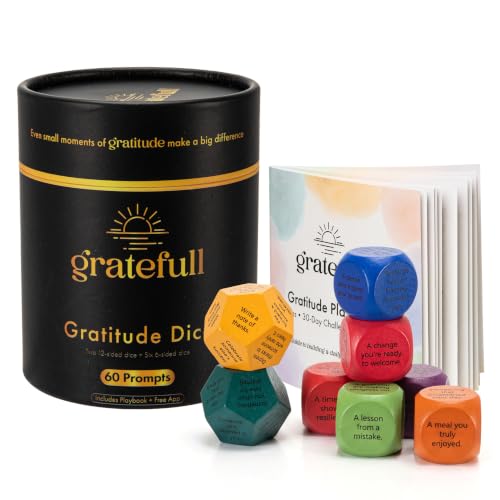 Gratitude Dice Set with Companion Journal App - 8 Wooden Dice, 60 Reflection Prompts & Playbook - 5 Minute Daily Mindfulness, Self Care & Conversation Starter Gift for Women, Men, Couples, Family
