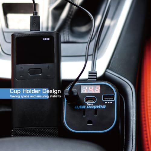 200W Car Power Inverter, Car Charger Adapter 12v to 110v Converter, Car Inverter with 3.0A Dual USB and Type-C, Car Outlet Adapter for Laptop, Black