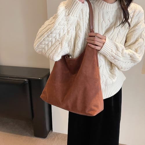 Image of Lushandy Brown Suede Purse Faux Suede Tote Bag Leather Hobo Bags for Women Slouchy Hobo Bag Fall Purse Shoulder Bag