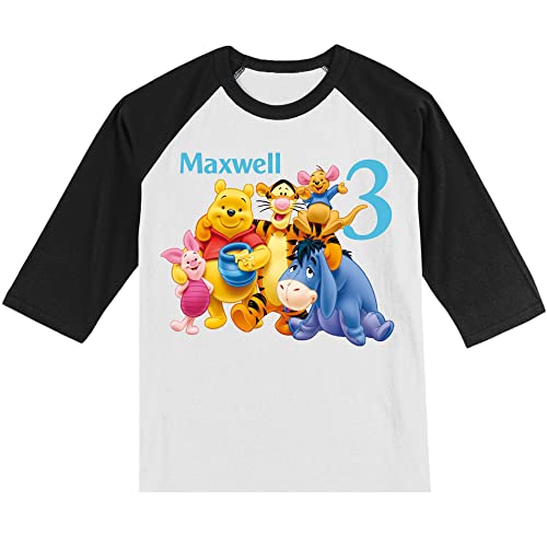 Personalized Winnie Bear Birthday Shirt | Handmade Decorated Shirt | Personalized with Name and Age | Unisex 3/4 Sleeve Raglan T-Shirt3