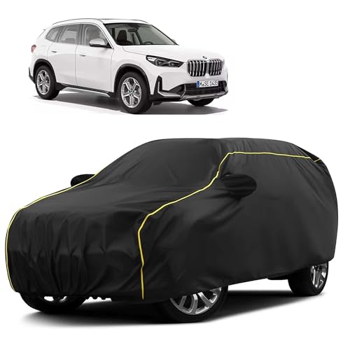 Image of Sulfar 100% Water Resistant Car Body Cover Compatible with Mirror for BMW X1 (Triple Stitched, Full Bottom Elastic, Black Taffeta with Yellow Piping)