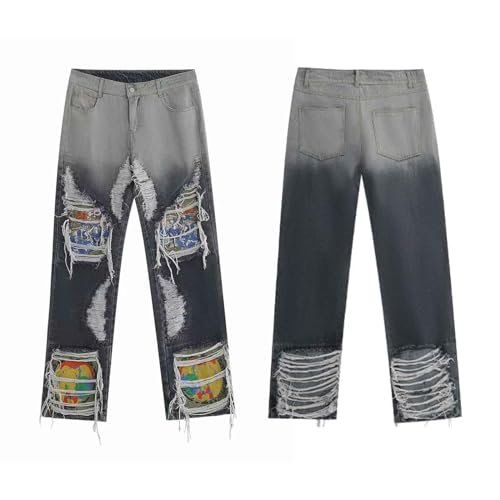 BXCNCKD Gothic Patch Denim Pants, high Street Heavy Industry Embroidered Distressed Jeans, Men's Straight Leg Loose Pants2