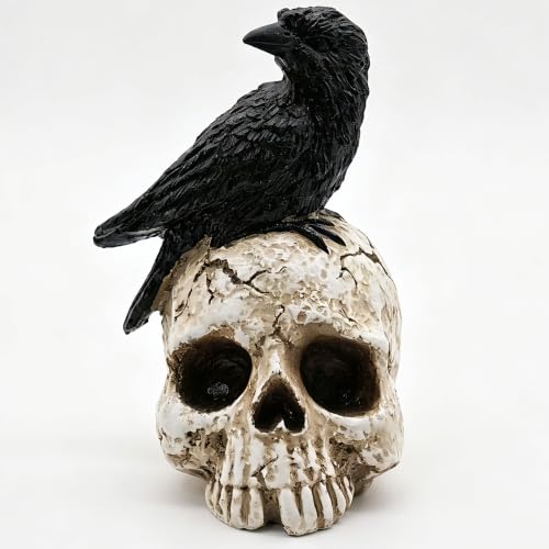 ThriBartLive Raven On Skull Halloween Home Decor - Gothic Crow On Skull Statue, Bird Perching On Skeleton Figurine, Macabre Ossuary Sculpture