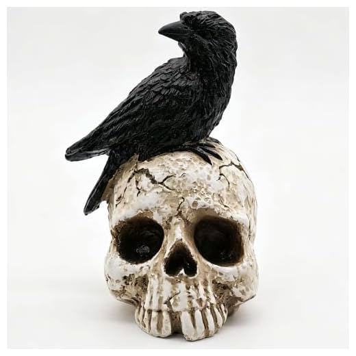 ThriBartLive Raven On Skull Halloween Home Decor - Gothic Crow On Skull Statue, Bird Perching On Skeleton Figurine, Macabre Ossuary Sculpture