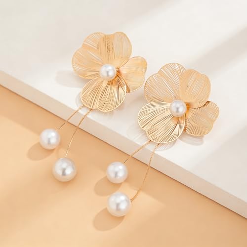 Gold Plated Large Floral Pearl Drop Earrings for Women, Hypoallergenic Lightweight Statement Dangle Jewelry Gifts for Wedding Party Special Occasions by Hellodr - Used condition - Image 3