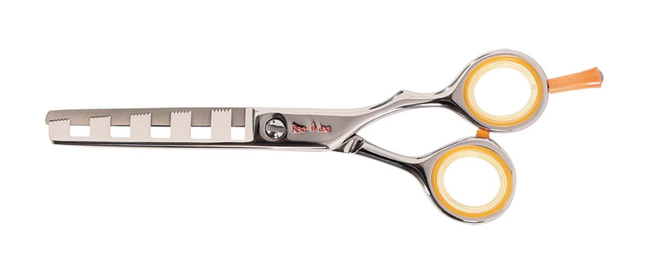Cricket Centrix Roc-It Dog RT 5 Chip Cut Wide-Toothed Pattern Professional Stylist Barber Hair Cutting Shear Precision Cast Convex Blade Scissor, Low-Stress Offset Grip, Stainless Steel