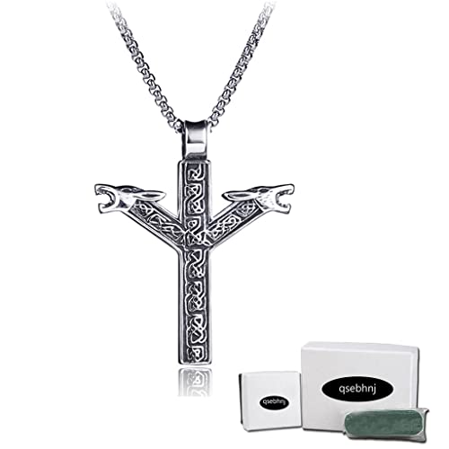 qsebhnj Norse Viking Necklace Odin Double Wolf Head Cross Pendant Necklace Viking Talisman Pendant Necklace Norse Viking Jewelry for Men With Gift Box,Silver