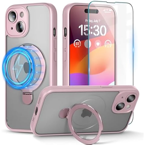 pcgaga Magnetic Phone Case for iPhone 15 Plus [Compatible with MagSafe ] [Built-in Invisible Stand] + Screen Protector, Translucent Matte PC Cover with Slim TPU Frame 6.7" (Pink) Cover