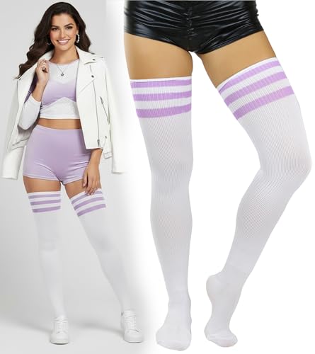 Image of ToBeInStyle Women's Heavyweight Knit Thigh High Long Socks w /Contrast 3 Stripe Top Band