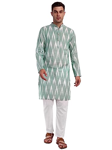 Image of SKAVIJ Men's Pure Cotton Printed Kurta Pajama Set Ikat Design Casual Ethnic Dress