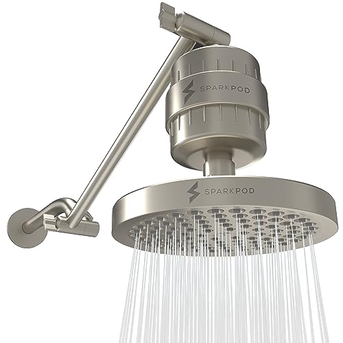 Image of SparkPod Filtered Shower Head & 11 inch Shower Arm, 6 inch Round, Brushed Nickel | Showerhead for Hard Water, High Pressure Shower Head, Adjustable Showerhead, Universal Connection, Gain Space & Style