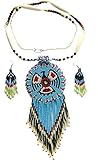 Native Style Beaded Necklace Earrings Set with Large Rosette Pendant (Blue Eagle)