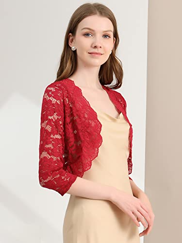 Allegra K A21031600UX0352 Women'S Elegant 3/4 Sleeve Sheer Floral Lace Shrug Top Small Deep Red thumb #3