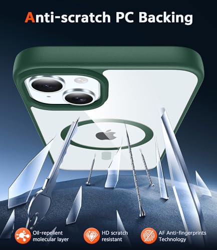 Image of FNTCASE for iPhone 15 Case Clear: iPhone 14 /13 Case Magnetic Phone Cases with Screen Protector Compatible with Magsafe Slim Anti Yellowing Rugged Protective Transparent Cell Cover (B-Alpine Green)