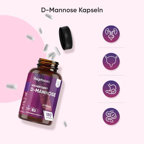 D Mannose Kapseln - 2000mg D Mannose Pulver pro Portion - 180 D- Mannose Stück - Vegan & Frei von Magnesiumstearat - 3 Kapseln Täglich - 2 Monate Vorrat - Nahrungsergänzungsmittel von WeightWorld