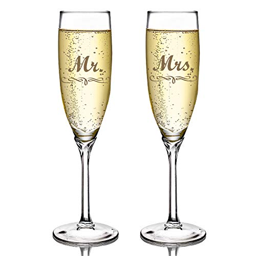 Mr. & Mrs. Silver or Gold Champagne Flute Set – Custom Printed – Ideal For Parties & Weddings – Engagements & Anniversaries – Handmade In USA (Gold)