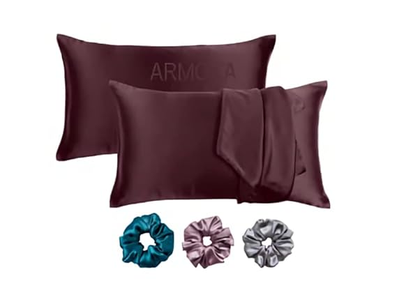 ARMOXA Premium Silk Satin Pillow Cover for Hair and Skin with Envelope Closure|3 Piece Satin Silk Soft Scrunchies Free for Women Stylish| Set of 2 GRAPEWINE Pillow Case | Standard Size