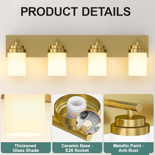 Image of IZORRO Bathroom Vanity Light Fixture, 4-Light 30 Inch Gold Bathroom Light Fixtures Over Mirror, with White Glass Shade, Modern Farmhouse Vanity Lights, Rustic Restroom Lighting Fixtures