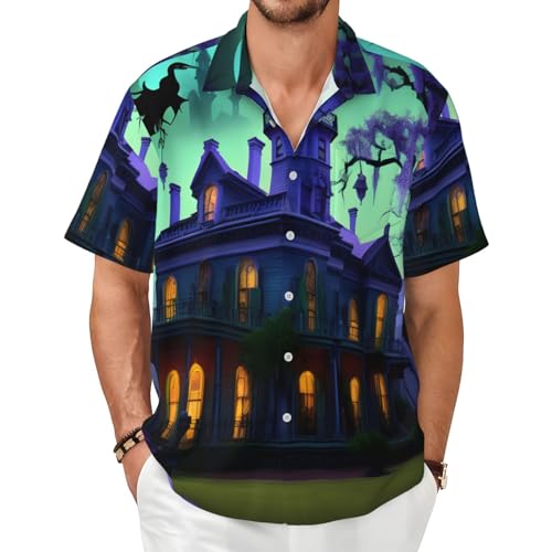 Chemise imprimé manoir hanté noir homme, vêtement léger confort d'été