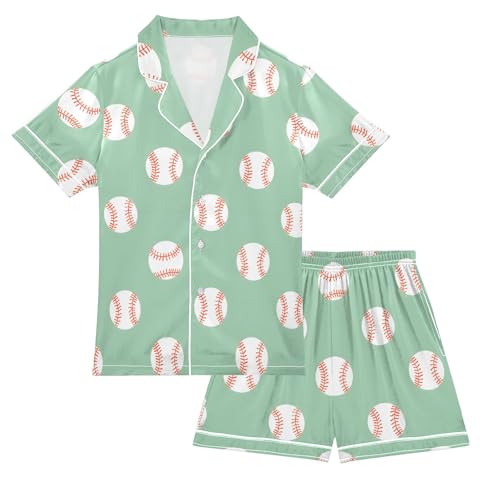 Simple Baseballs Green Prints Summer Satin Pajama Set, Cute Button-Down Sleepwear Pj Set for Sleep Wears